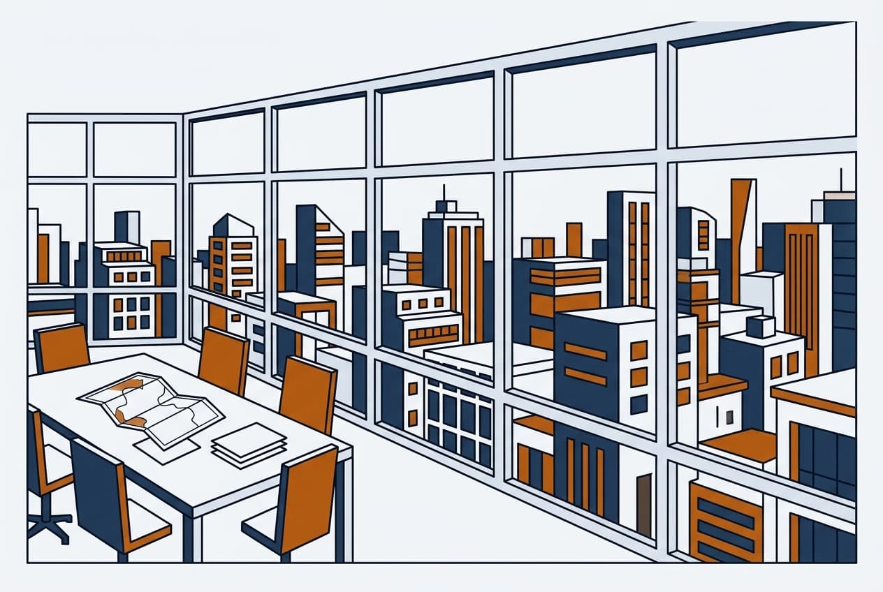Paysage urbain, immeuble de bureaux, carte, document, table, chaises