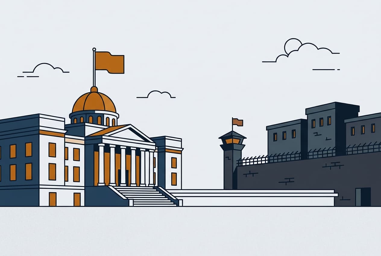 Planche d'illustration : palais présidentiel, prison, drapeau, ciel