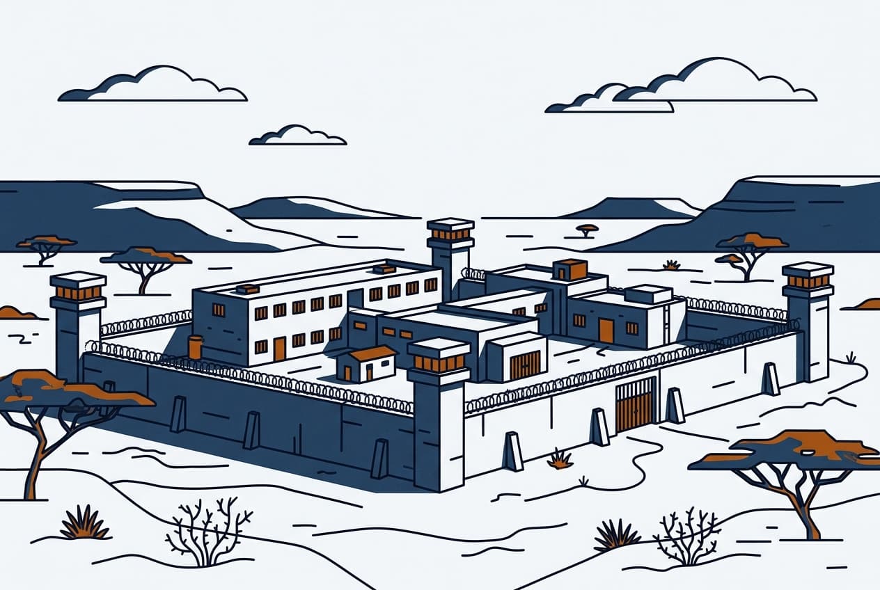 Flat illustration of a prison building within a Mali landscape.