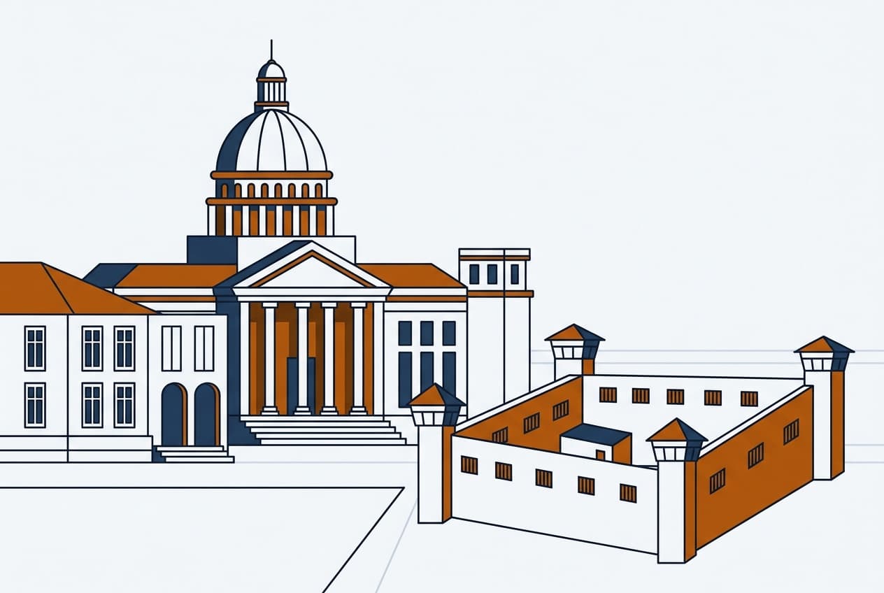 Plat d'illustration : palais présidentiel, tribunal, prison
