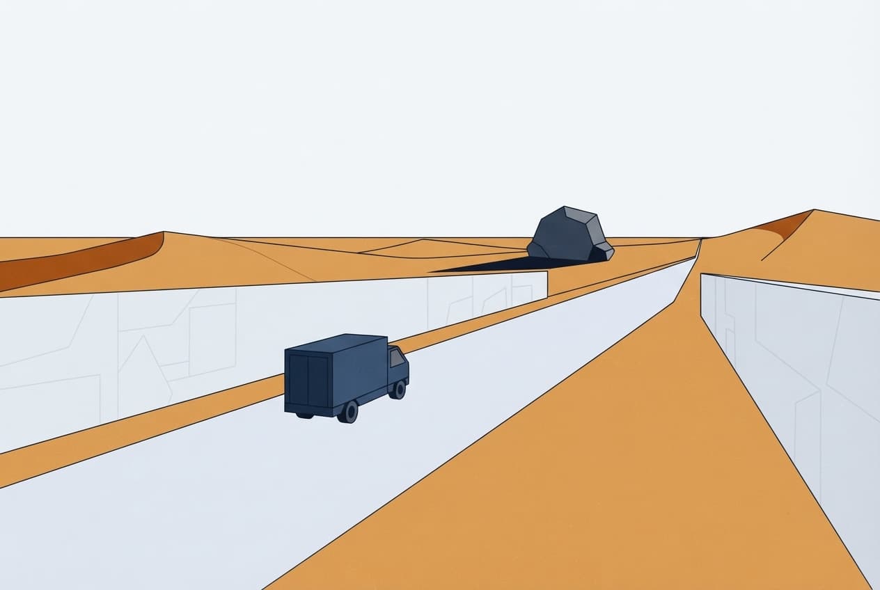 Illustration plate : camion, route, sable, rocher, horizon, pneu