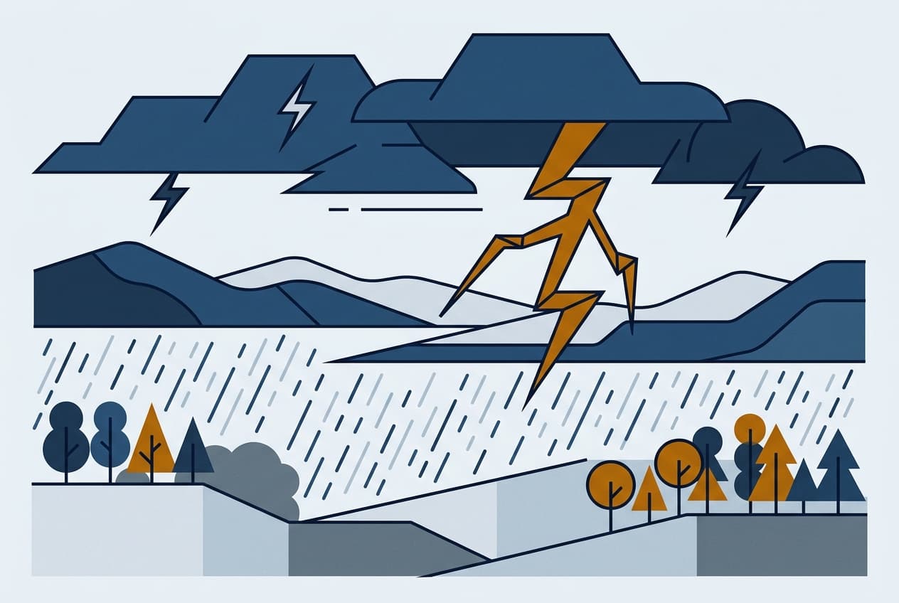 Flat illustration of a landscape with rain and lightning.