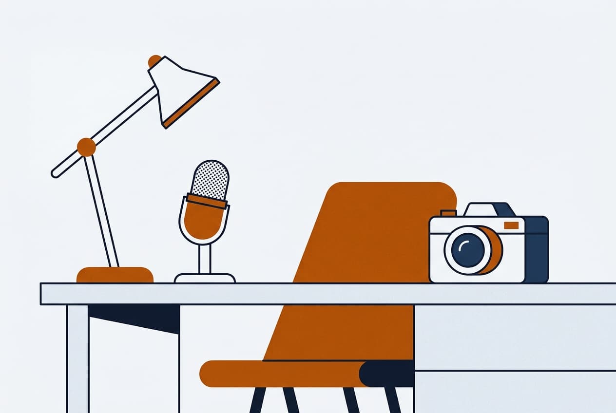 Flat illustration of a microphone and a camera on an empty desk.