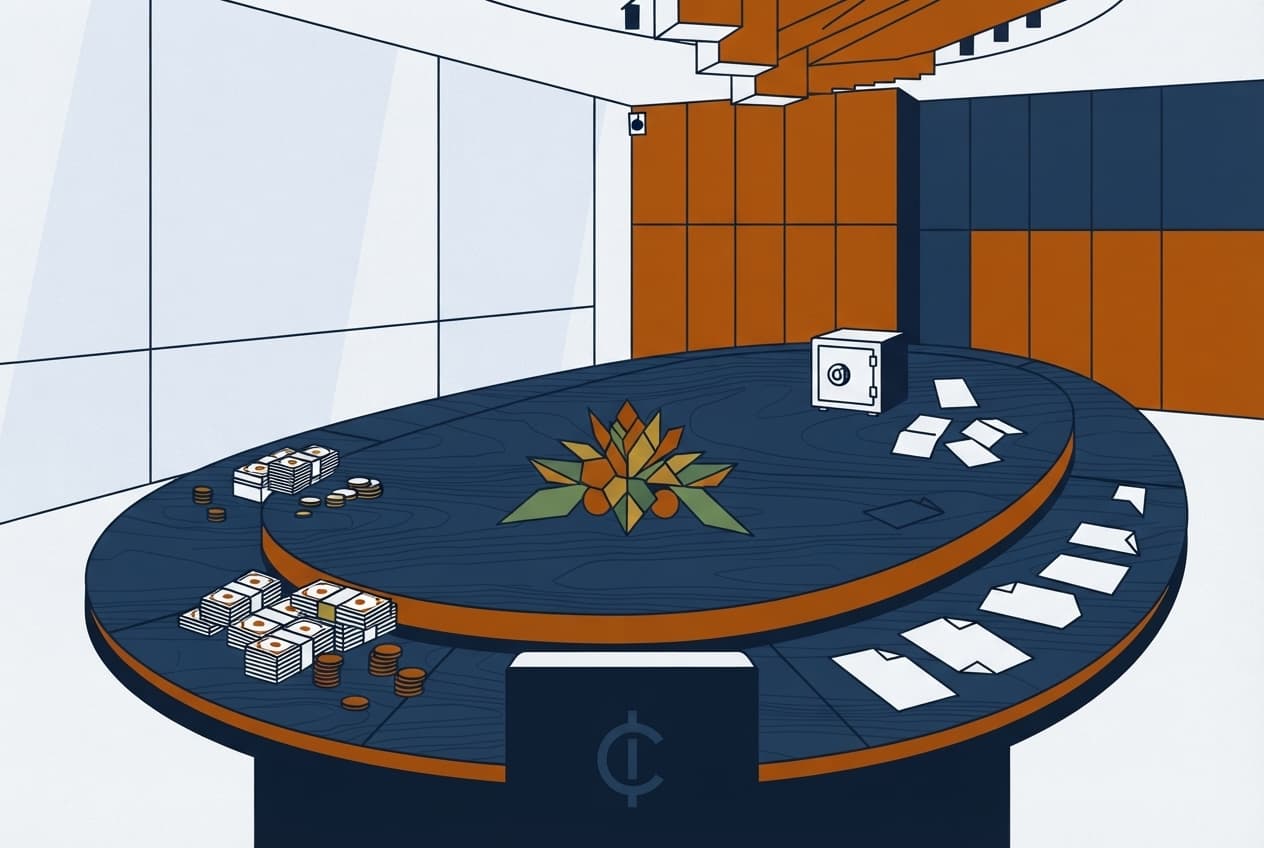 Illustration plate : pièces de monnaie, billets de banque, coffre, document, symbole monétaire
