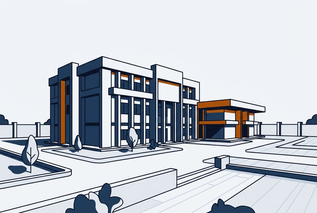 Illustration plate : Façade d'un bâtiment ministériel au Tchad, avec des documents officiels et un sceau.
