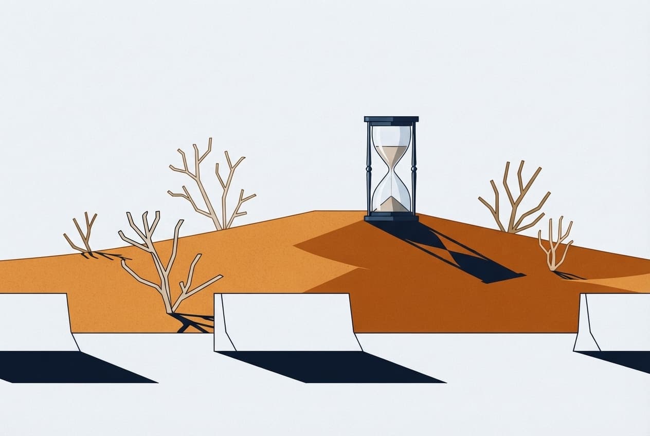 Illustration plate : sablier, dune de sable, plante desséchée, ombre longue