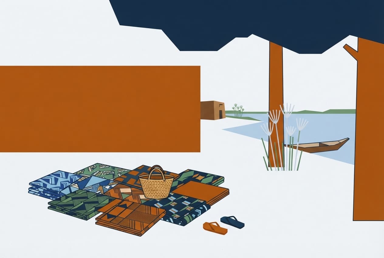 Illustration plate : Lac, Pirogue, Case, Arbre, Papyrus, Panier