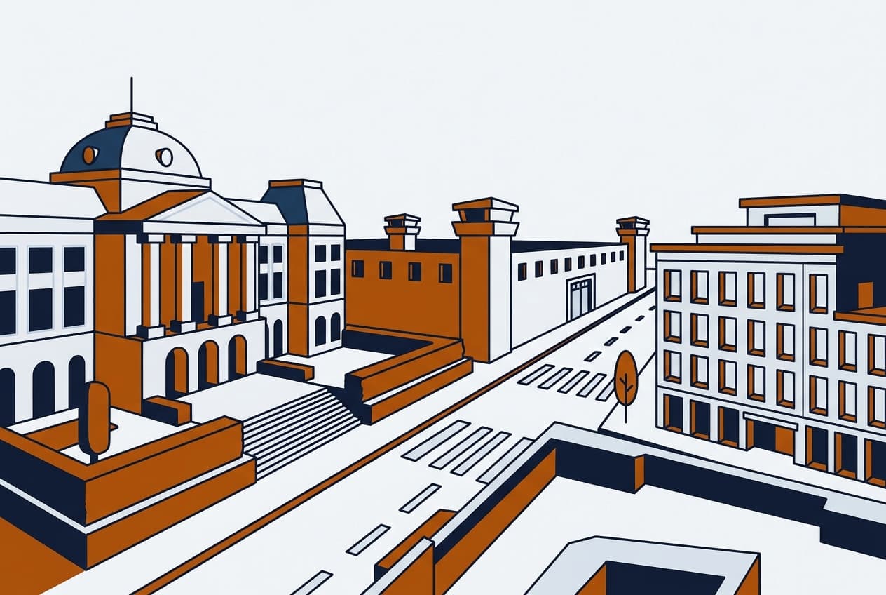 Plat d'illustration : palais présidentiel, prison, rue, bureau